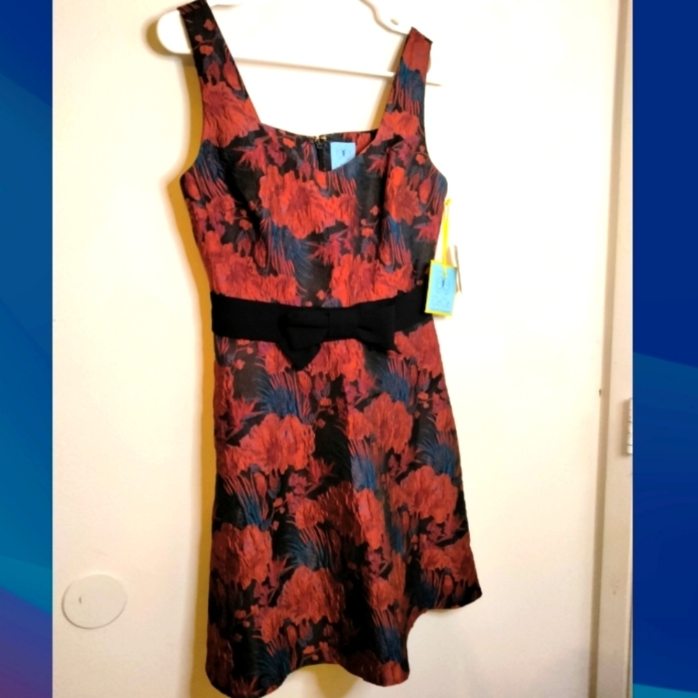 CeCe (Size 2) Black, Red & Navy Floral Print Fit & Flare Holiday Dress (NWT)